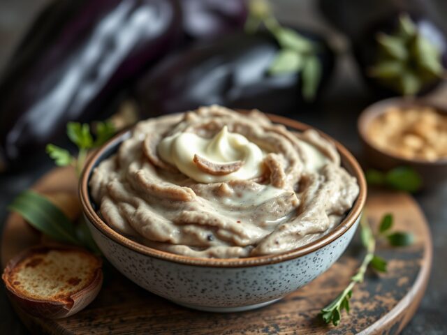 Aubergine – knoflookcreme — AI-gegenereerde illustratie