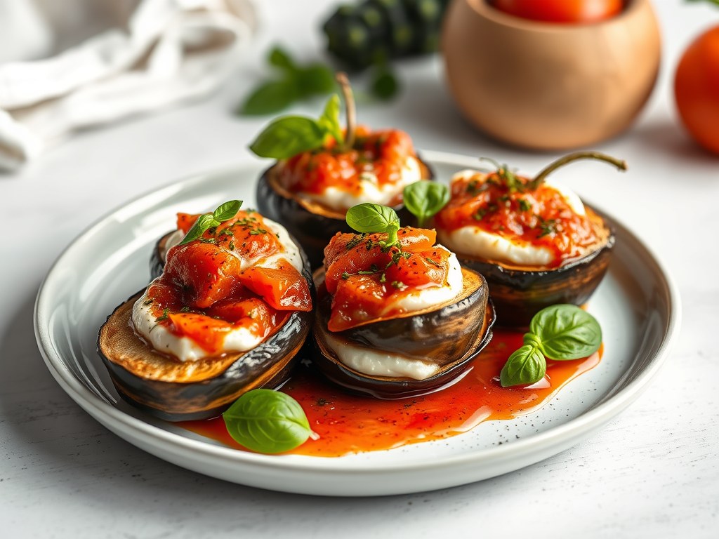 Aubergine borrelhapjes met tomaat, roomkaas en mozzarella, AI-gegenereerde illustratie