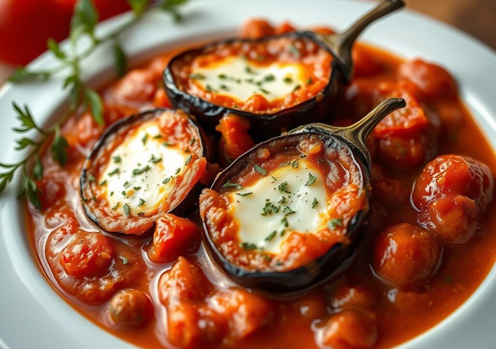 Aubergine-Kaas Schotel in Tomatensaus — AI-gegenereerde illustratie