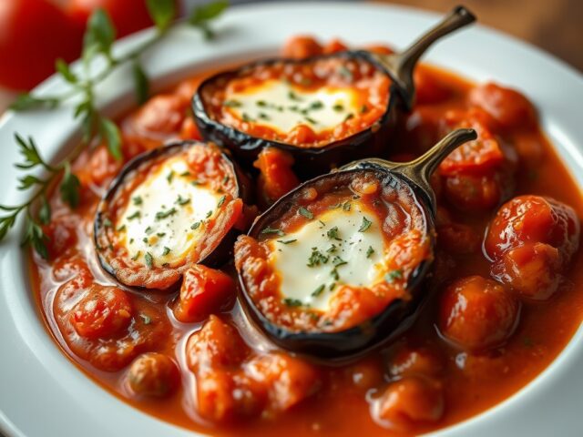 Aubergine-Kaas Schotel in Tomatensaus — AI-gegenereerde illustratie