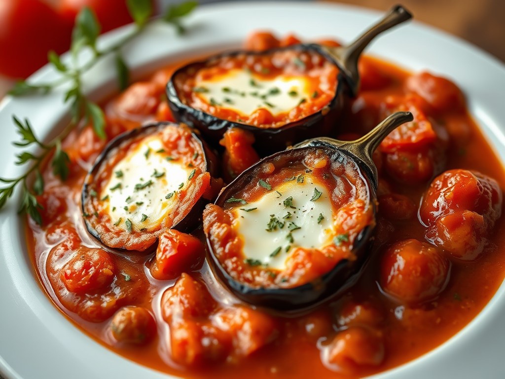 Aubergine-Kaas Schotel in Tomatensaus, AI-gegenereerde illustratie