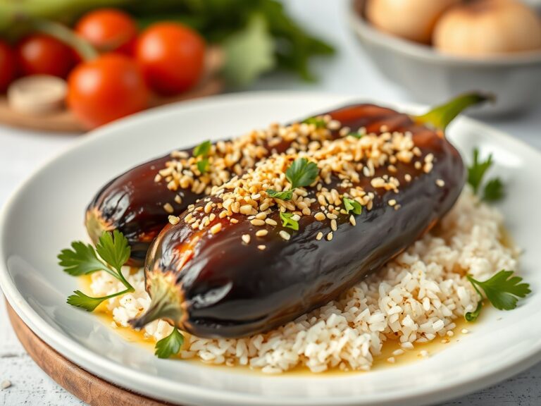 Aubergine met een Eitje Geroerbakt — AI-gegenereerde illustratie