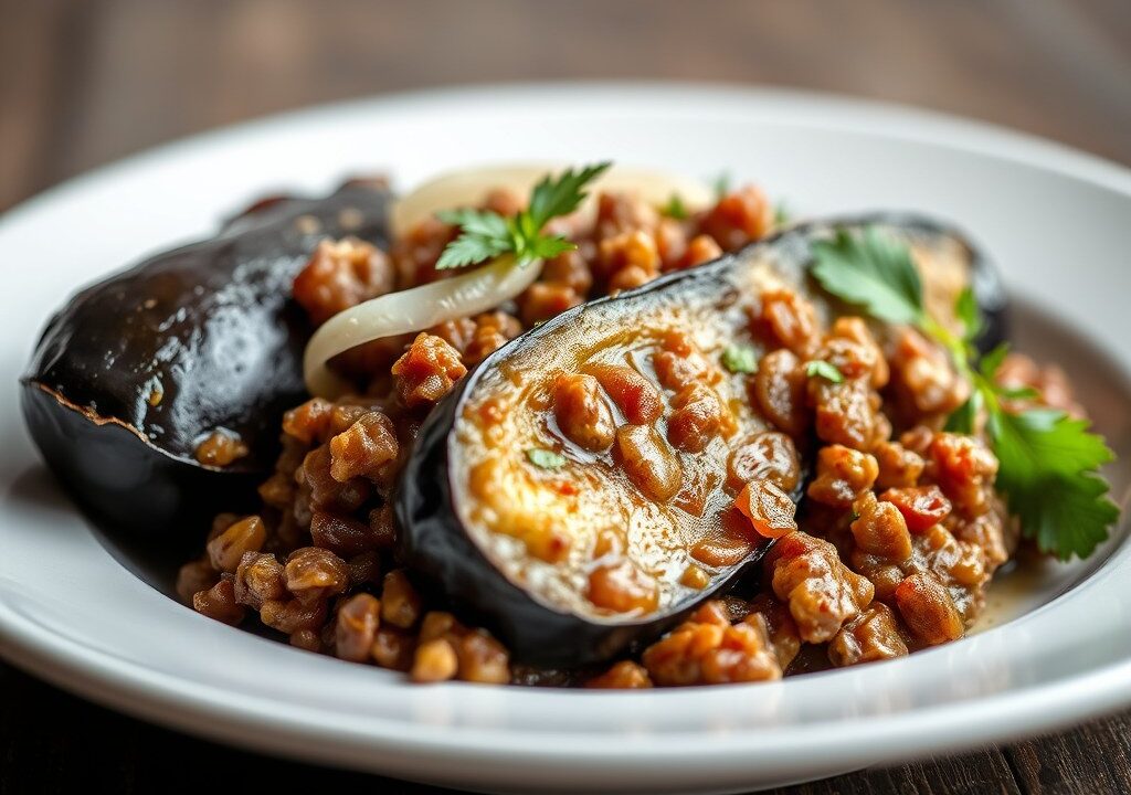 Aubergine met Gehakt Gevuld uit Sardinie, AI-gegenereerde illustratie