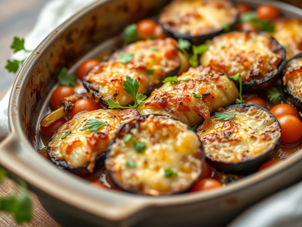 Aubergine ovenschotel, AI-gegenereerde illustratie