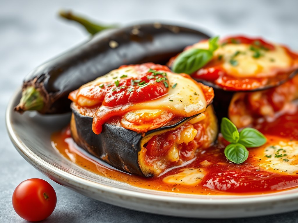 Aubergine Parmigiana, AI-gegenereerde illustratie