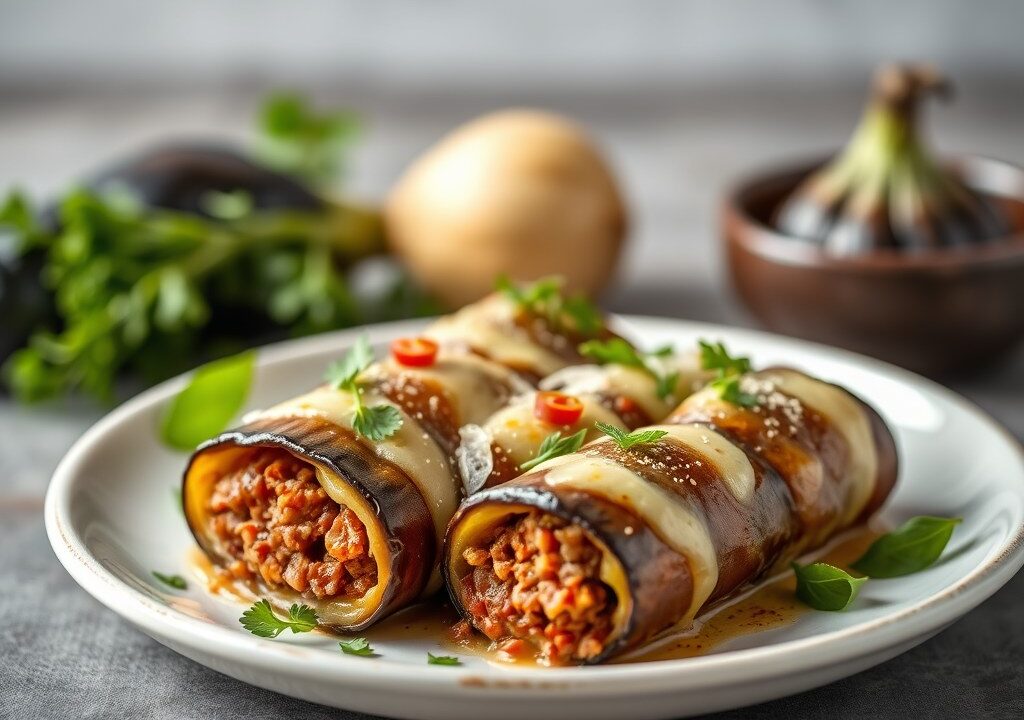 Aubergine rolletjes gevuld met gehakt — AI-gegenereerde illustratie