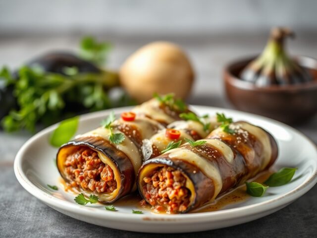 Aubergine rolletjes gevuld met gehakt — AI-gegenereerde illustratie