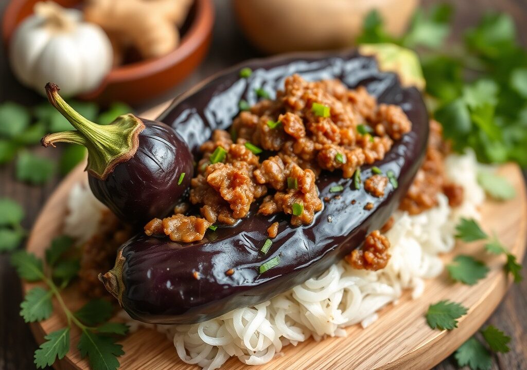 Aubergines met Gehakt-Saus, AI-gegenereerde illustratie