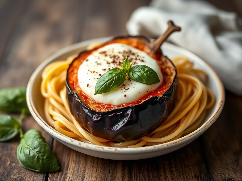 Aubergines uit de oven met mozzarella, AI-gegenereerde illustratie