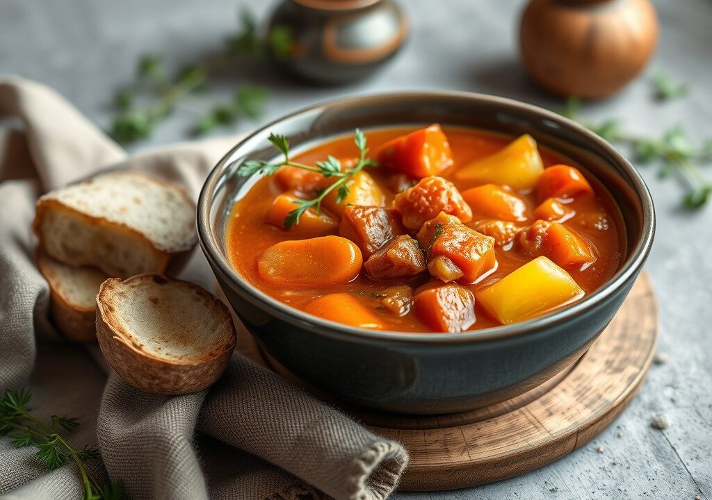 Authentieke Hongaarse goulash soep — AI-gegenereerde illustratie