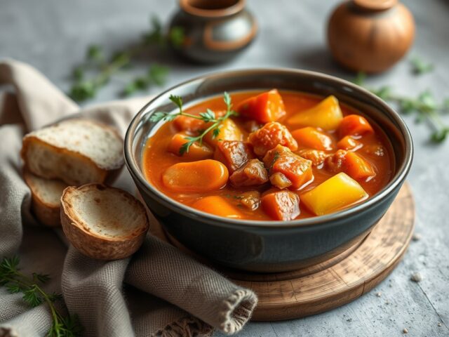 Authentieke Hongaarse goulash soep — AI-gegenereerde illustratie