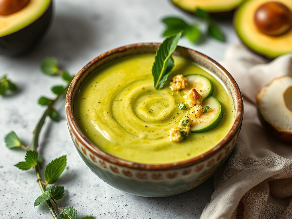 Avocado Komkommer Soep met Kokosmelk, AI-gegenereerde illustratie