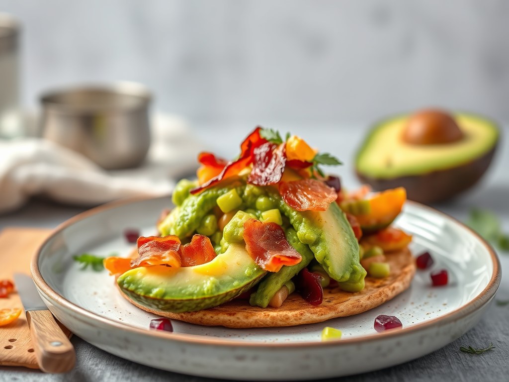 Avocado met plattelandsslaatje, AI-gegenereerde illustratie