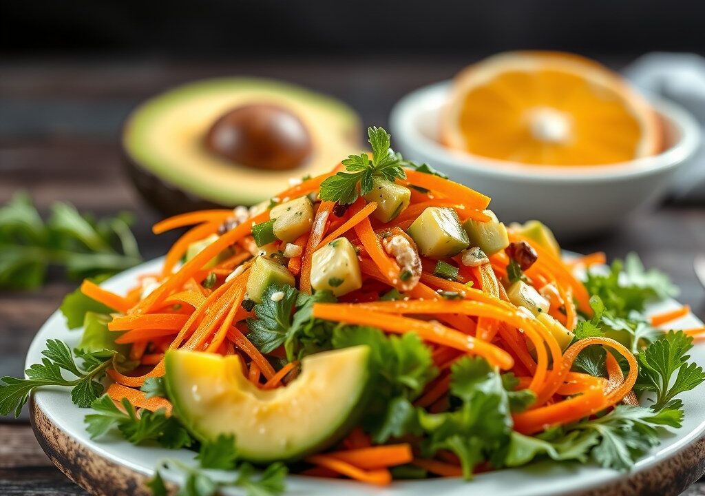 Avocado-Sinaasappel-Wortel Salade — AI-gegenereerde illustratie