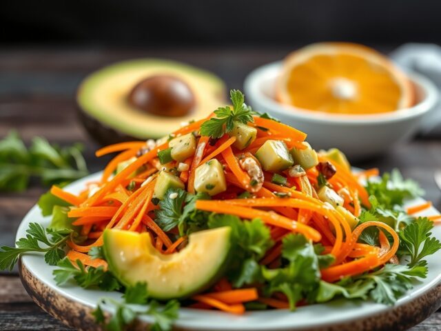 Avocado-Sinaasappel-Wortel Salade — AI-gegenereerde illustratie