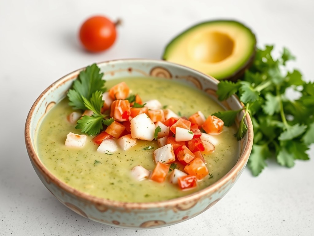 Avocado Soep met Krab en Pico de Gallo, AI-gegenereerde illustratie