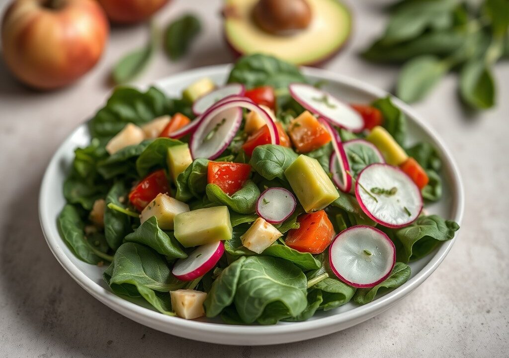 Avocado-spinaziesalade, AI-gegenereerde illustratie