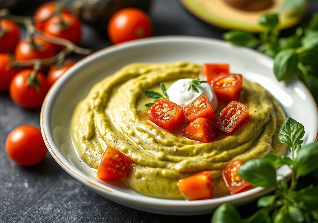 Avocadopurée met Garnaal-Tomaten-Cocktail — AI-gegenereerde illustratie