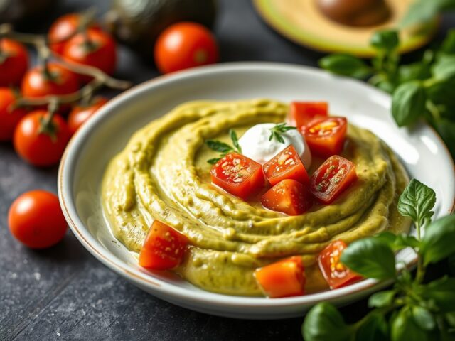 Avocadopurée met Garnaal-Tomaten-Cocktail — AI-gegenereerde illustratie