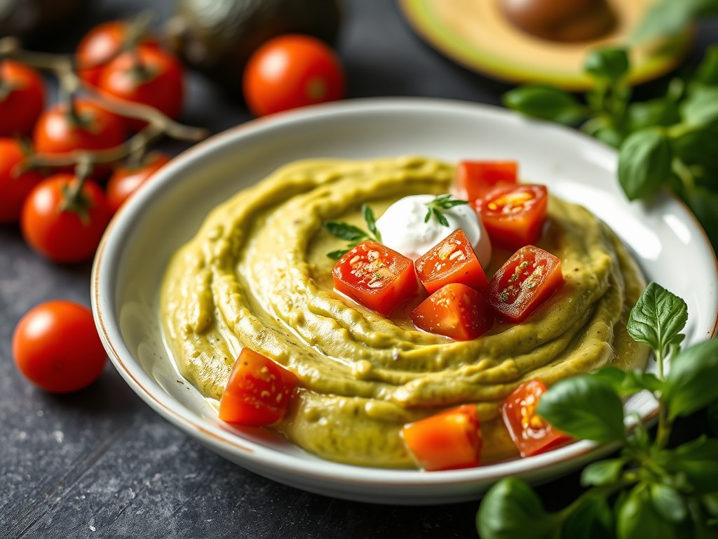 Avocadopurée met Garnaal-Tomaten-Cocktail, AI-gegenereerde illustratie