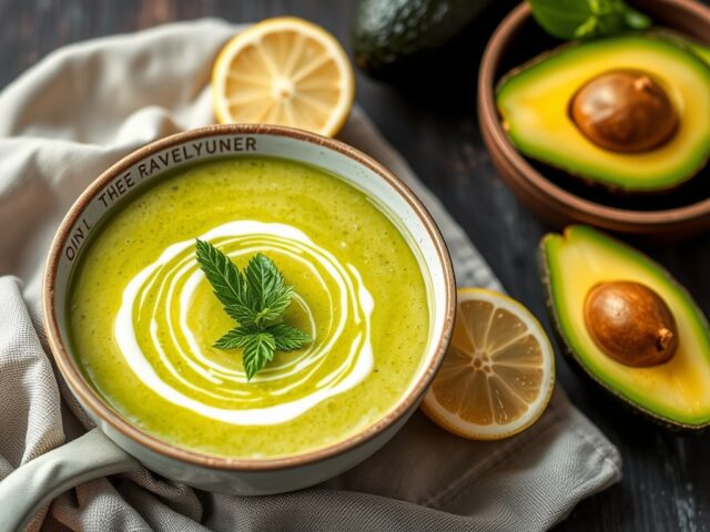 Avocadosoep II met Kreeft (Koud) — AI-gegenereerde illustratie