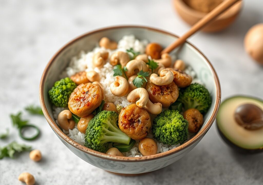 Aziatische bowl met runderfiletlapjes, zoetzure komkommer, broccolirijst en cashewnoten, AI-gegenereerde illustratie