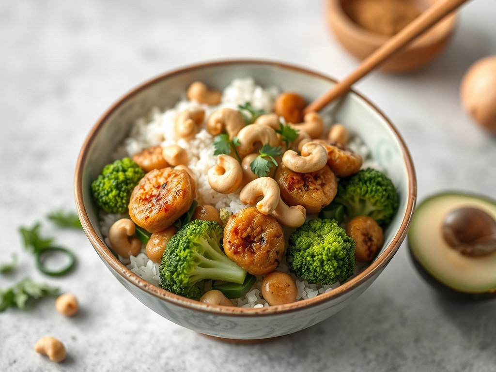 Aziatische bowl met runderfiletlapjes, zoetzure komkommer, broccolirijst en cashewnoten, AI-gegenereerde illustratie