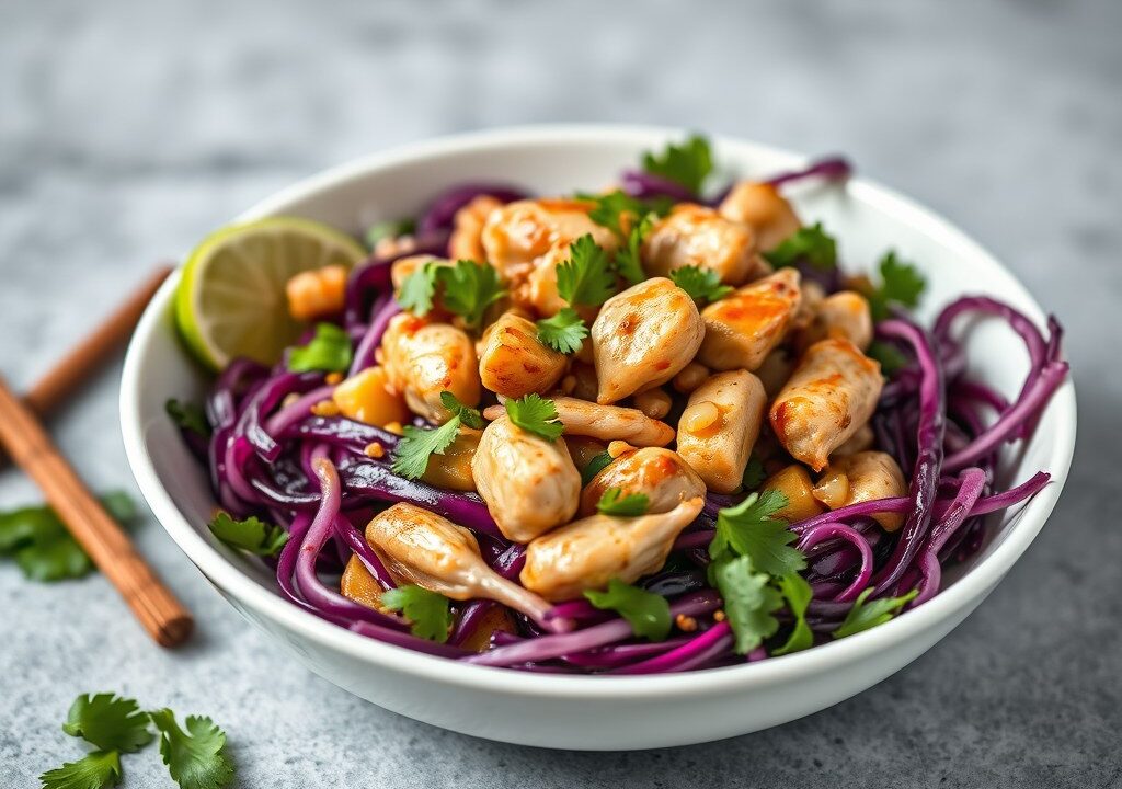 Aziatische maaltijdsalade van rode kool met kip en pinda’s — AI-gegenereerde illustratie