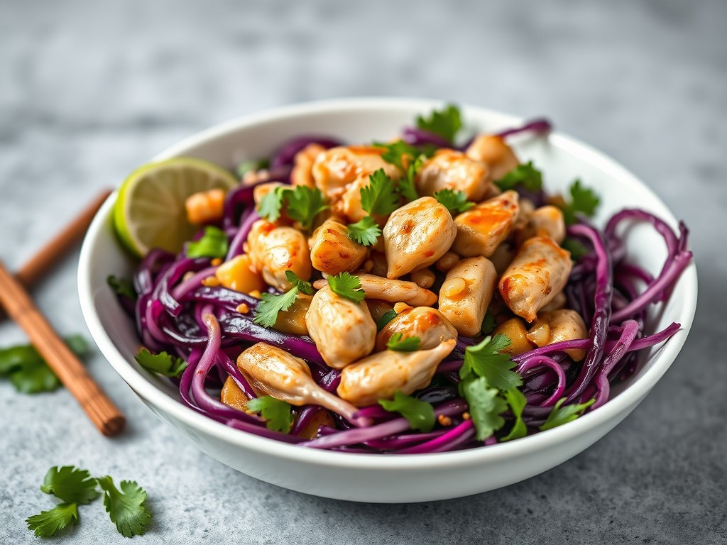 Aziatische maaltijdsalade van rode kool met kip en pinda’s, AI-gegenereerde illustratie