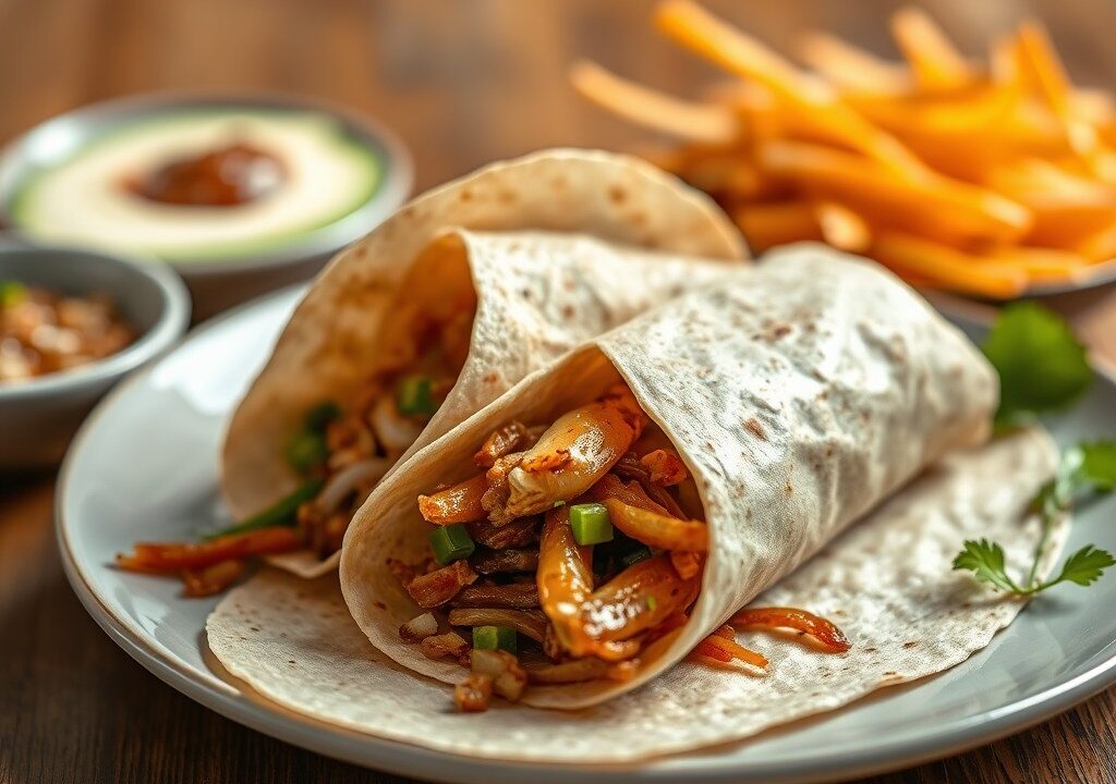 Aziatische wrap gevuld met bami/ nasi met babi pangang — AI-gegenereerde illustratie