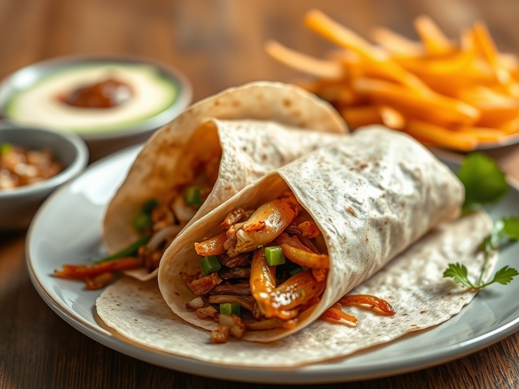 Aziatische wrap gevuld met bami/ nasi met babi pangang, AI-gegenereerde illustratie