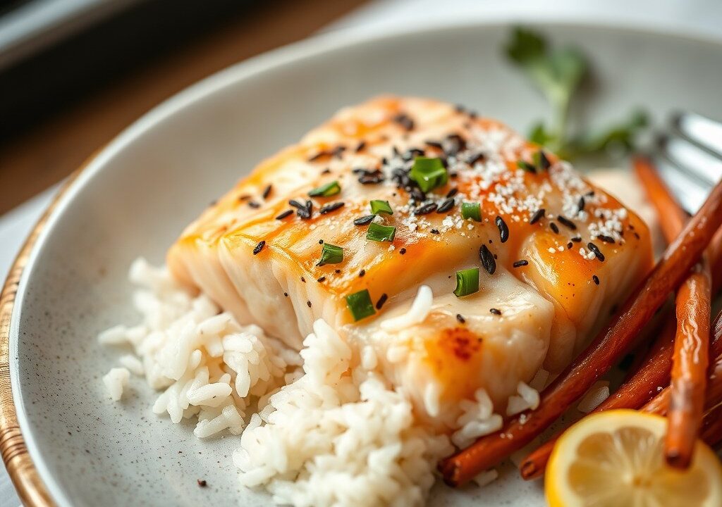 Aziatische zalm en bimi uit de oven, AI-gegenereerde illustratie