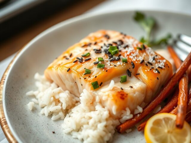 Aziatische zalm en bimi uit de oven — AI-gegenereerde illustratie