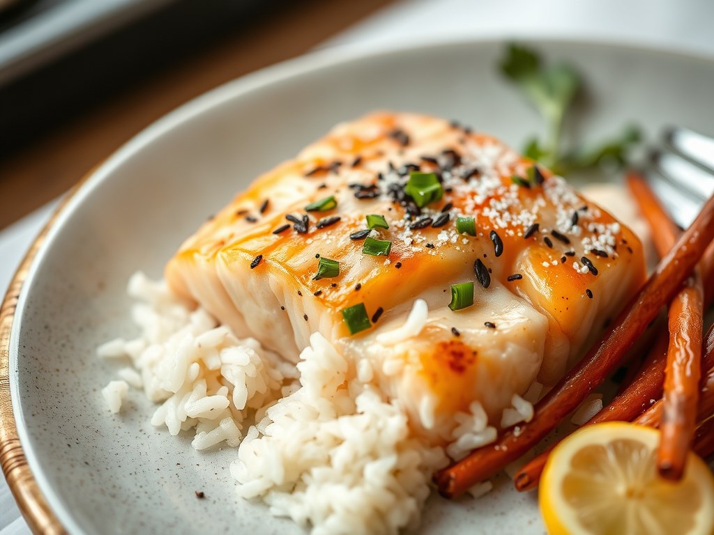Aziatische zalm en bimi uit de oven, AI-gegenereerde illustratie