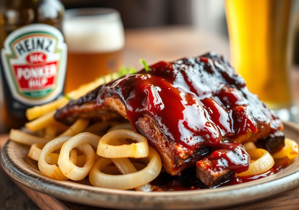 Baby-Back Spareribs – in Bier Gegaard – met BBQ-saus, AI-gegenereerde illustratie