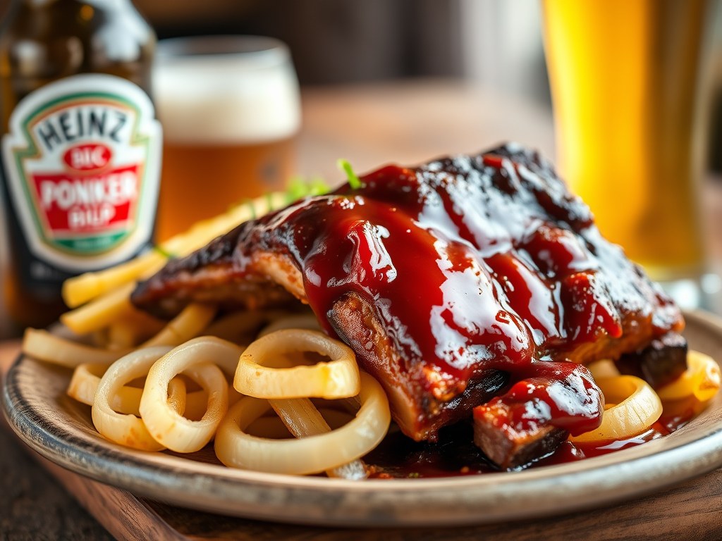 Baby-Back Spareribs – in Bier Gegaard – met BBQ-saus, AI-gegenereerde illustratie