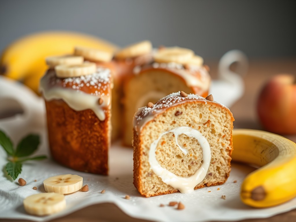 Bananen-soja-yoghurt-taart, lekker fris en fruitig, AI-gegenereerde illustratie