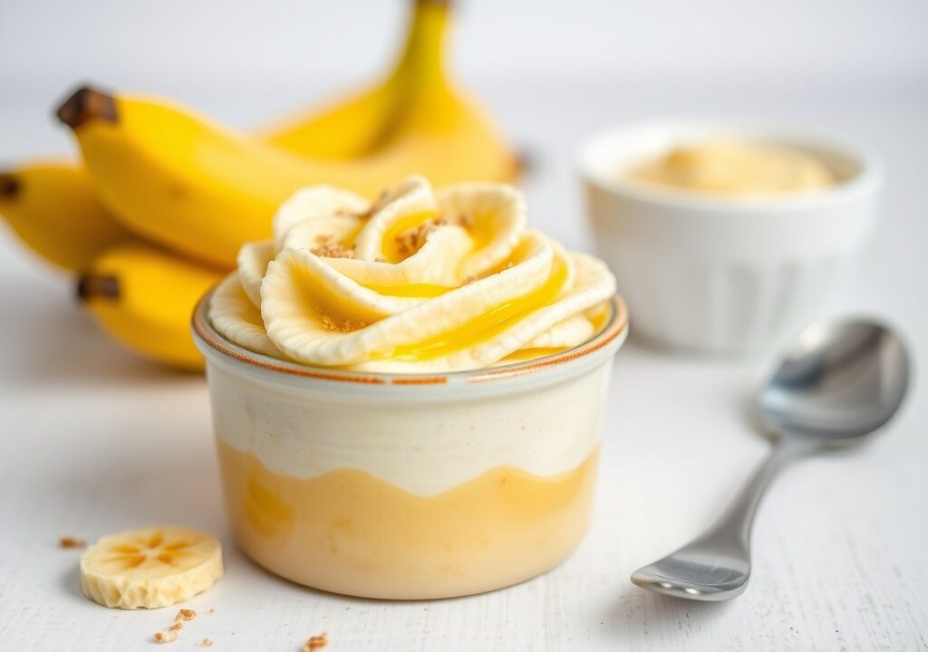 Bananenmousse in een bananenbootje — AI-gegenereerde illustratie