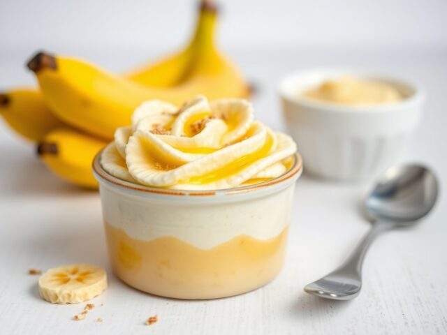 Bananenmousse in een bananenbootje — AI-gegenereerde illustratie