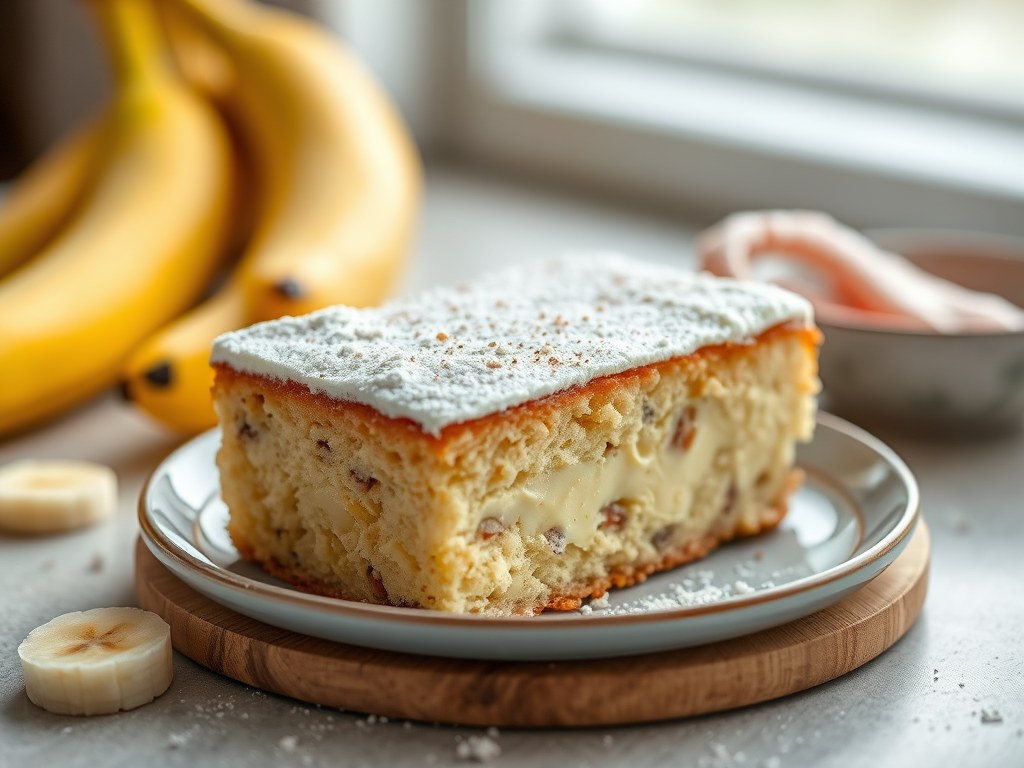 bananenroom taart met banketbakkersroom, AI-gegenereerde illustratie