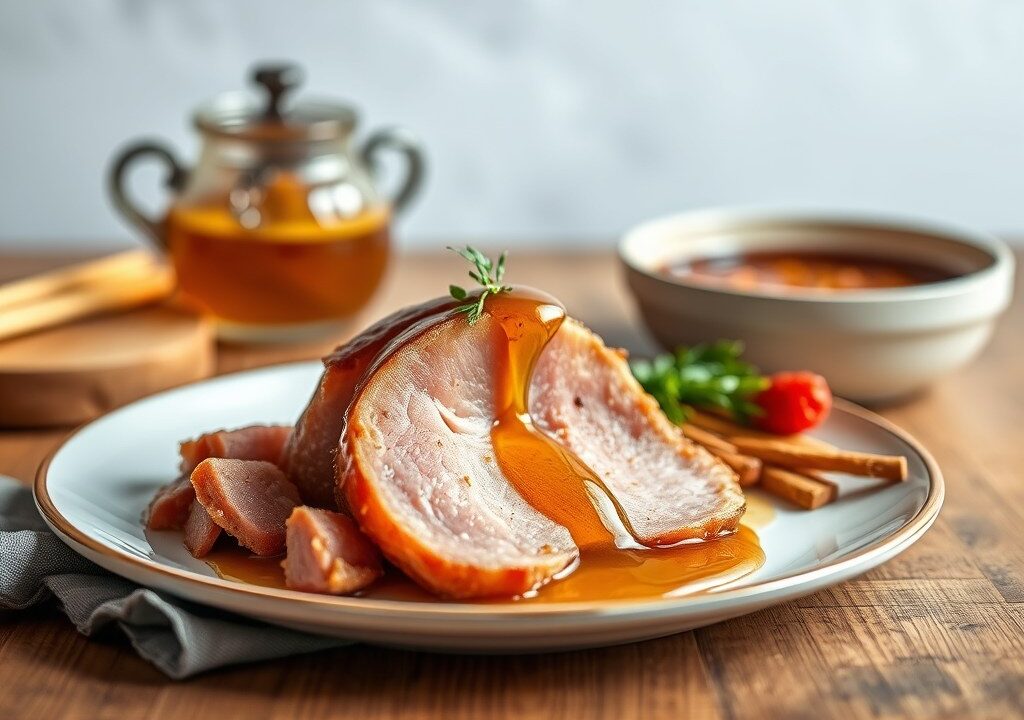 Beenham met honing-mosterdglazuur uit de slowcooker, AI-gegenereerde illustratie
