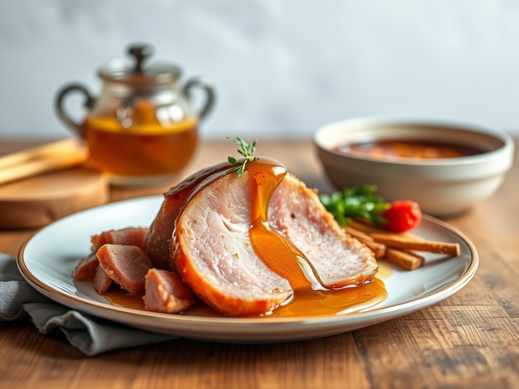 Beenham met honing-mosterdglazuur uit de slowcooker, AI-gegenereerde illustratie