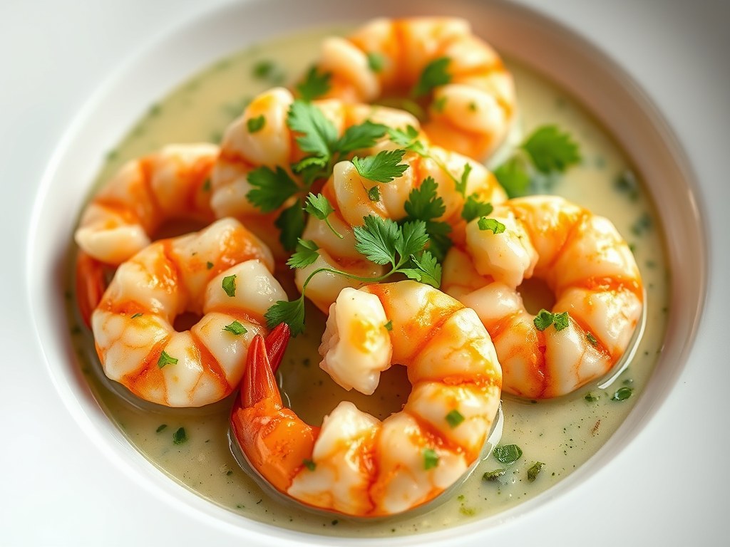 Bengalese scampi in koriander-mosterd-creme, AI-gegenereerde illustratie