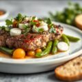 Biefstuk met bonensalade, buffel mozarella en parmezaanse kaas