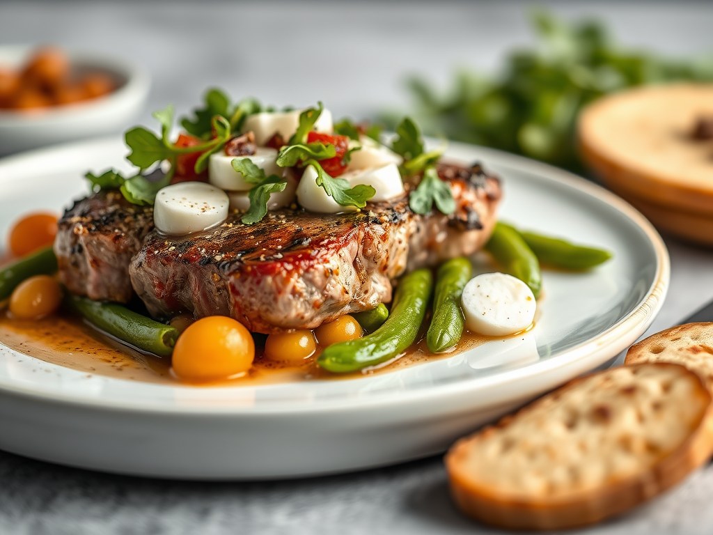 Biefstuk met bonensalade, buffel mozarella en parmezaanse kaas, AI-gegenereerde illustratie