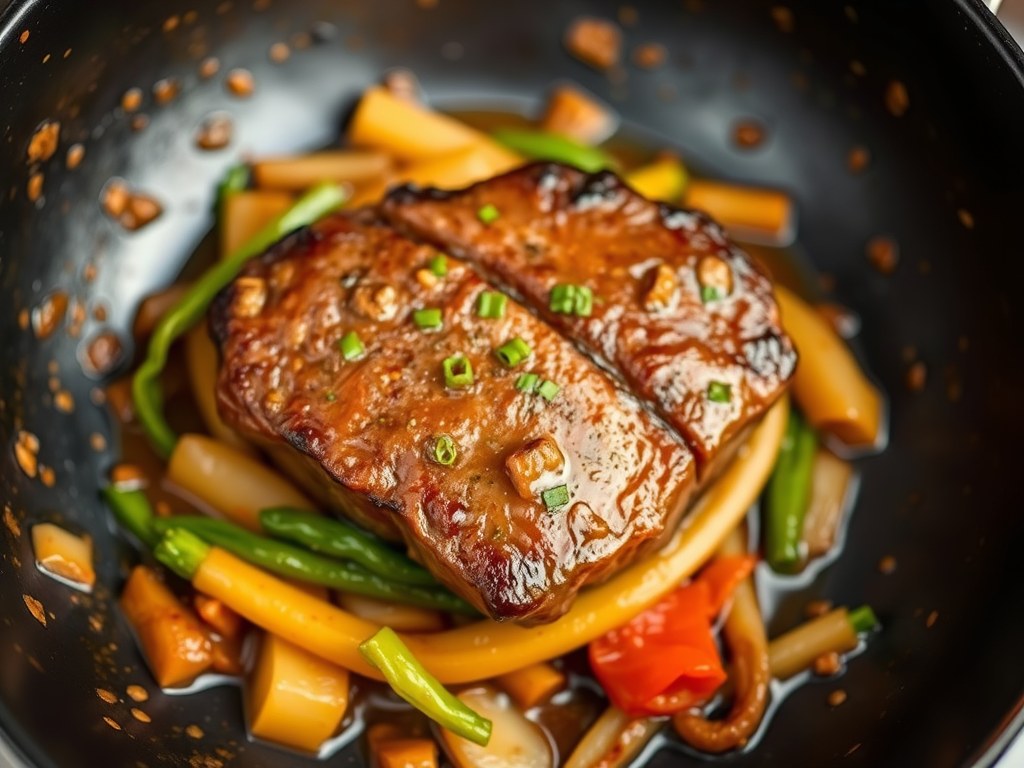 Biefstuk met Provençaalse groentesaus, AI-gegenereerde illustratie