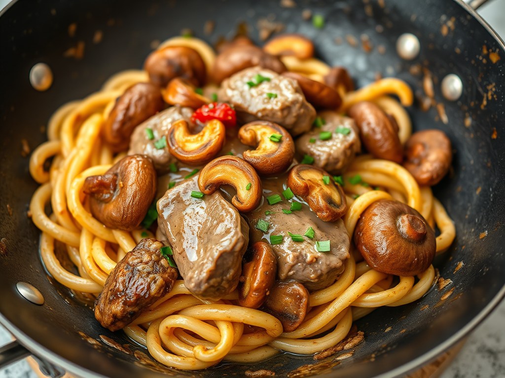 Biefstuk Stroganoff met champignons, AI-gegenereerde illustratie