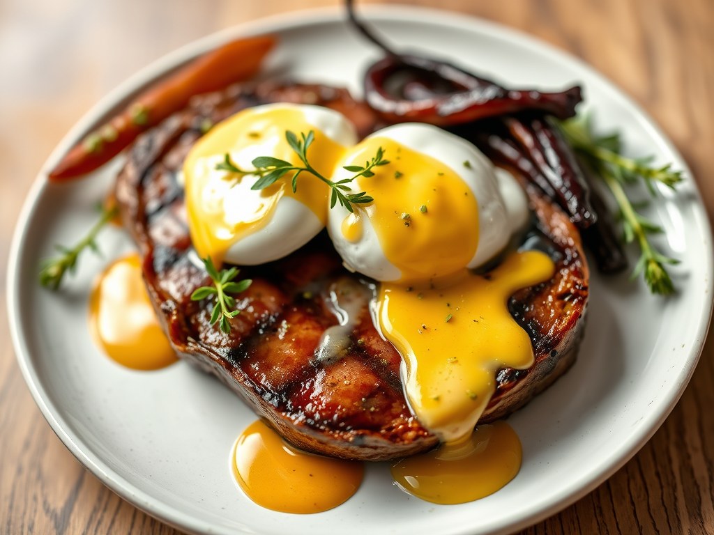 Biefstuk van de Haas met Benedict Eieren en Port-Wijn Hollandaise Saus, AI-gegenereerde illustratie