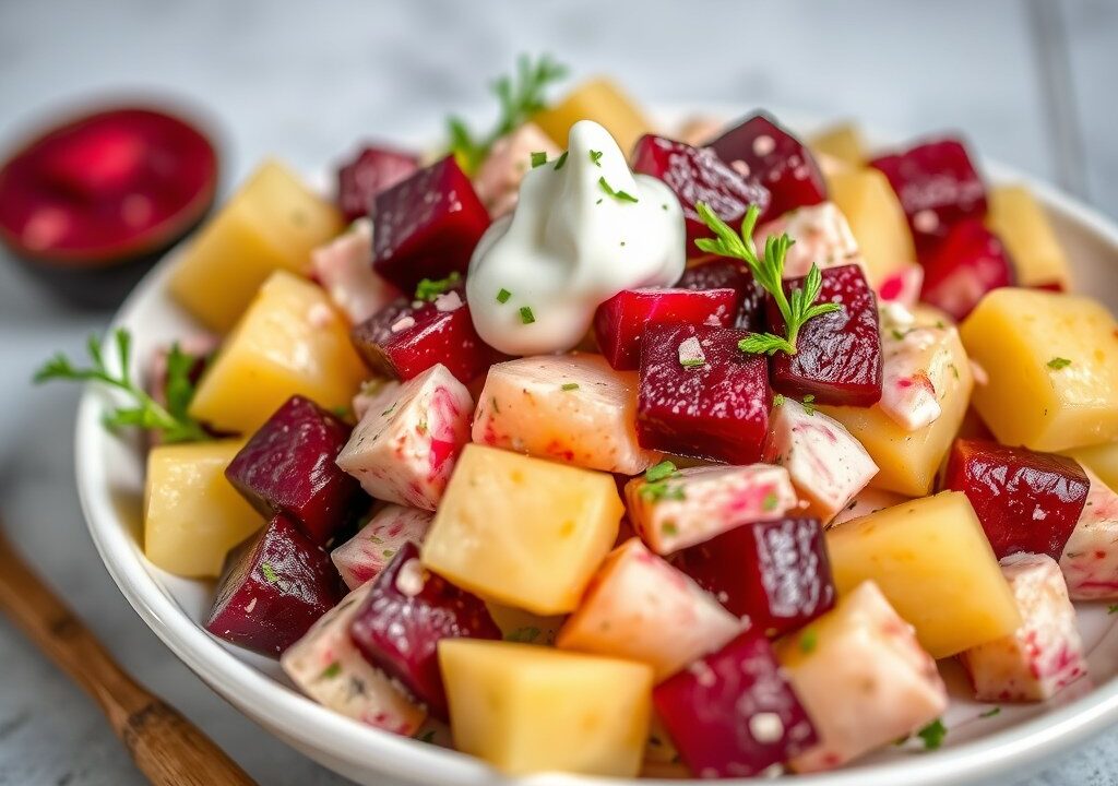Bieten-haring-aardappelsalade — AI-gegenereerde illustratie