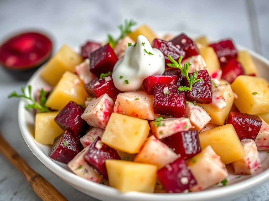 Bieten-haring-aardappelsalade, AI-gegenereerde illustratie